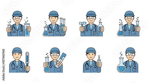 Scientist icons with lab equipment and medical tools