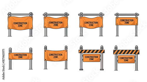 Set of Orange Construction Zone Warning Signs on Posts