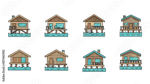 Collection of Wooden Stilt Houses on Water in Flat Design Style