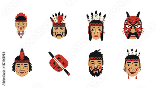 Native American Tribal Masks and Warrior Faces Vector Art Set