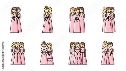 Bridesmaids in Pink Dresses Holding Bouquets - Vector Icon Set