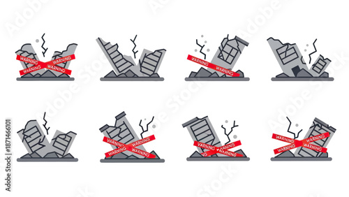 Damaged Buildings with Caution Tape Set