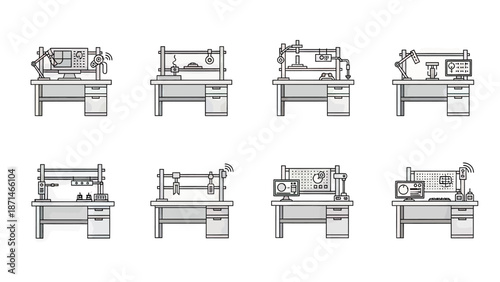 Laboratory Workstations with Equipment and Computers Vector Set