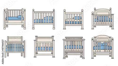 Collection of White Baby Cribs with Blue Bedding Vector Illustrations
