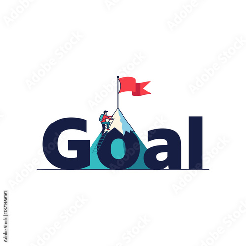 A climber reaching the summit of a mountain with a flag, symbolizing achievement and ambition