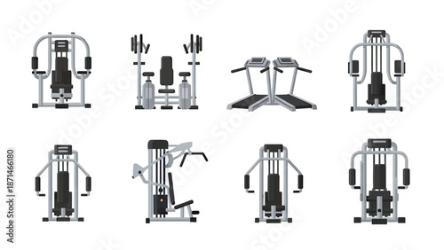 Various Gym Machines and Treadmills Collection Vector Set