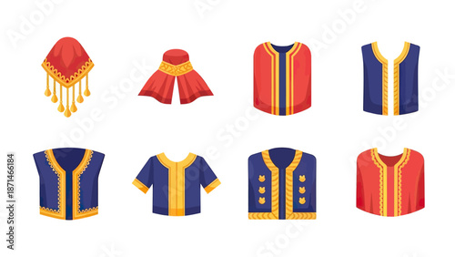 Traditional Clothing Collection Icons: Headwear and Garments