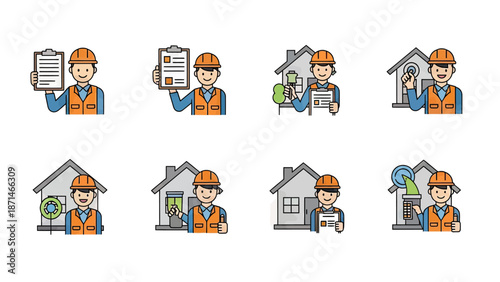 Construction Worker Icons with House and Tools for Building Projects