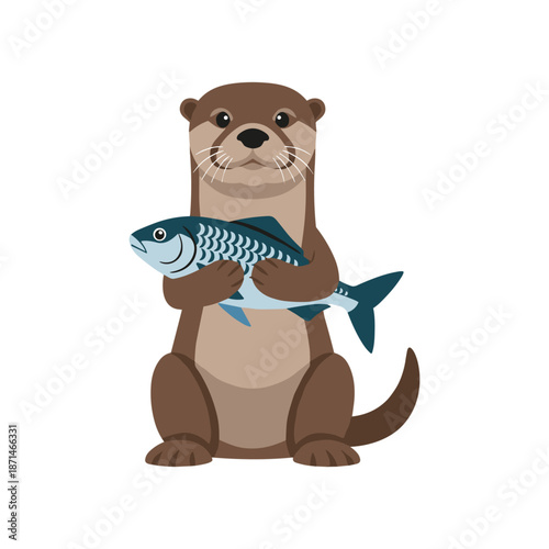 A cute otter holding a fish, showcasing its playful nature in a whimsical, cartoon style
