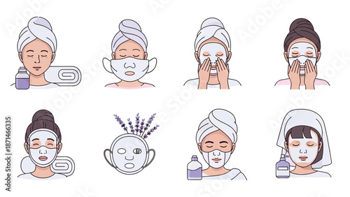 Skincare routine icons: applying face masks and beauty treatments
