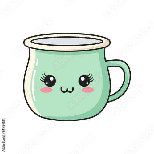 A cute, smiling mint green mug with rosy cheeks, set against a simple white background