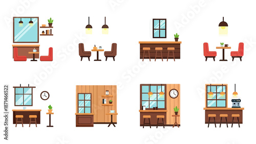 Cafe and Bar Interior Scenes with Seating and Counters