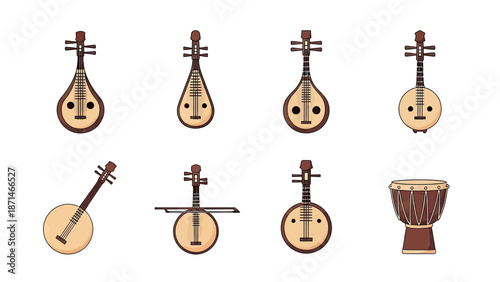 Collection of Traditional Asian String and Percussion Musical Instruments