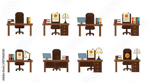Lawyer's Desk Office Set with Scales of Justice and Books