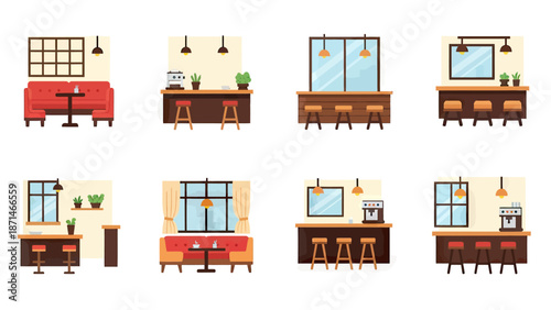 Cafe and Bar Interior Scenes with Seating and Counters