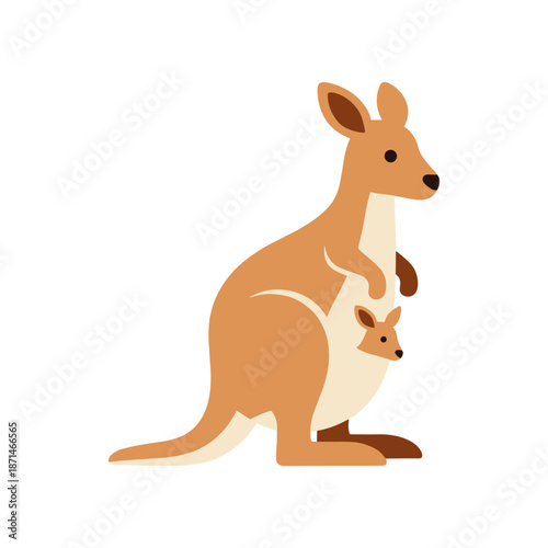 A mother kangaroo stands upright with her joey peeking out from her pouch in a serene setting