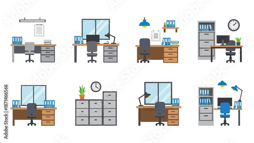 Office Desk Setup Variations with Computer, Chair, and Filing Cabinet