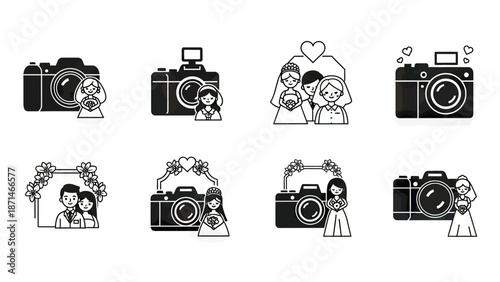 Wedding Couple Photography Icons with Cameras and Floral Frames