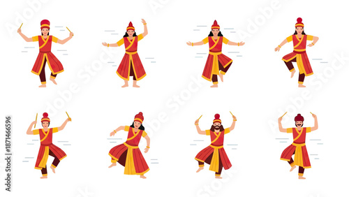 Traditional Dancers in Red and Yellow Costumes Performing with Sticks