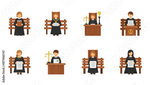 Set of Judges in Robes Holding Gavel and Documents, Courtroom Scene