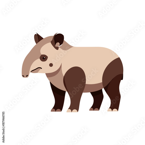 A stylized illustration of a tapir standing on a white background, showcasing its unique features