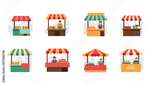 Set of Colorful Market Stalls with Vendors Selling Goods