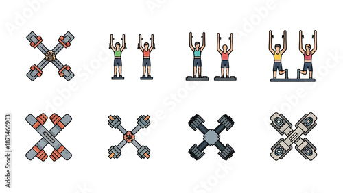 Weightlifting Icons Set with Dumbbells and Athletes