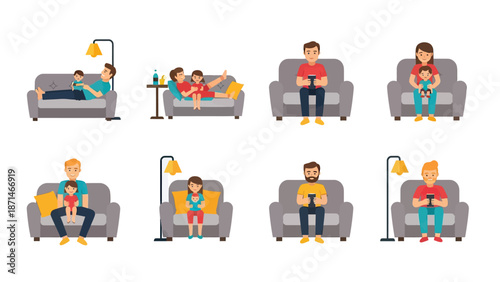 Families and individuals playing video games on sofa, vector set