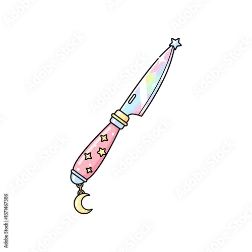 A whimsical, colorful magic wand with stars and a crescent moon, set against a plain background