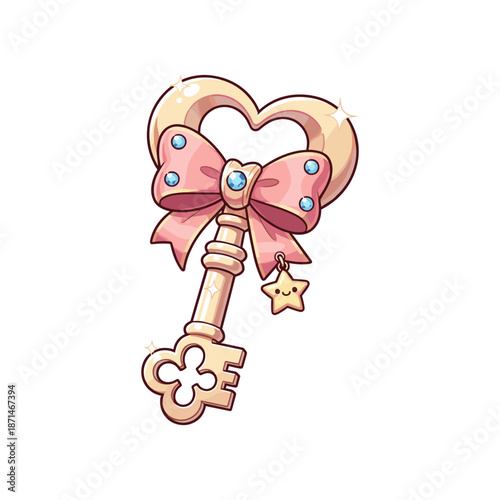 A whimsical heart-shaped key adorned with a pink bow and sparkling gems, symbolizing magic and dreams