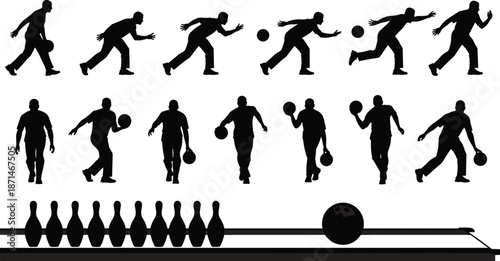 Bowling player silhouettes, strike action sequence, ten pin sport poses, athlete throwing ball, indoor recreation, motion stages, isolated black figures