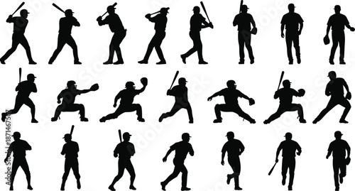 Baseball player silhouette collection, batting, pitching, running poses, sports action figures, black shadow athletes, isolated on white background illustration
