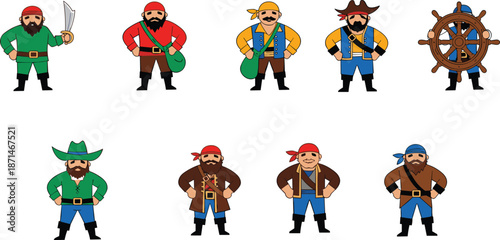 Cartoon pirate characters set, colorful sea bandits, treasure hunters, nautical crew, adventure theme, isolated vector, captain, sailor, mascot, fun design