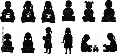 Child silhouette collection showing kids sitting, eating, playing with toys, childhood activities, black shadow figures, isolated on white background