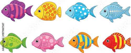Colorful cartoon fish collection, cute tropical sea animals, bright aquatic characters, kids friendly design, ocean life illustration, isolated vector set