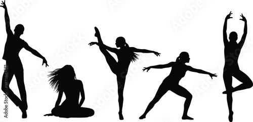 Dancer silhouettes, modern ballet poses, artistic female movement, fitness and flexibility, contemporary dance style, graceful performance, isolated figures, creative expression