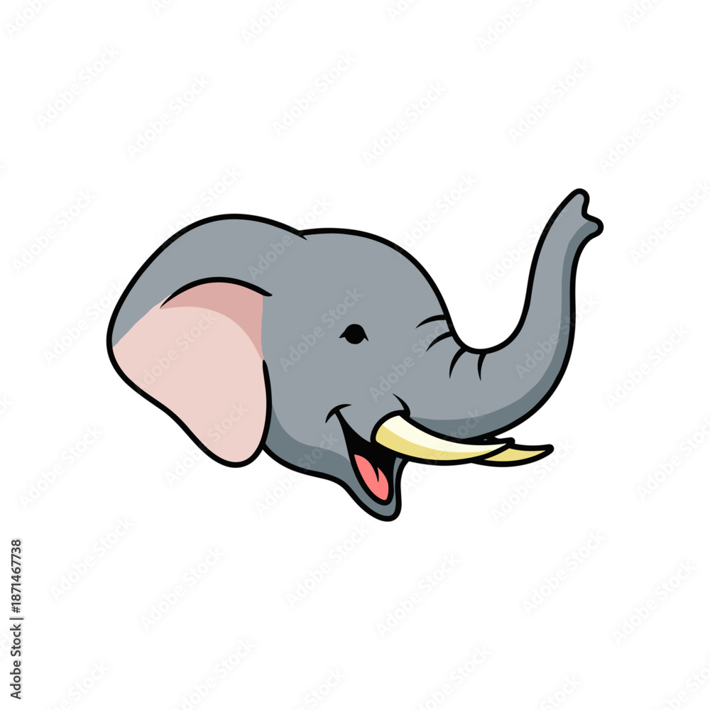 Obraz premium Cartoon illustration of a cheerful elephant's head with a smiling expression on a white background