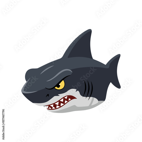 Cartoon illustration of a fierce shark head with sharp teeth and an aggressive expression