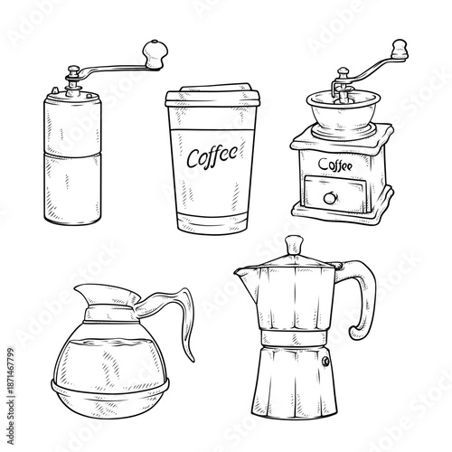 vector line art hand drawn illustration of a coffee set collection