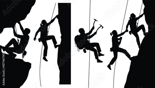 Rock climbing silhouettes, extreme adventure athletes, mountain rescue team, safety ropes, teamwork concept, outdoor challenge, vertical cliff, exploration, endurance