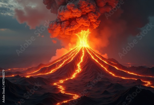 Visceral Lava Flow Eruption Rendering Dark Solidified Landscape Yellowstone Molten Topography