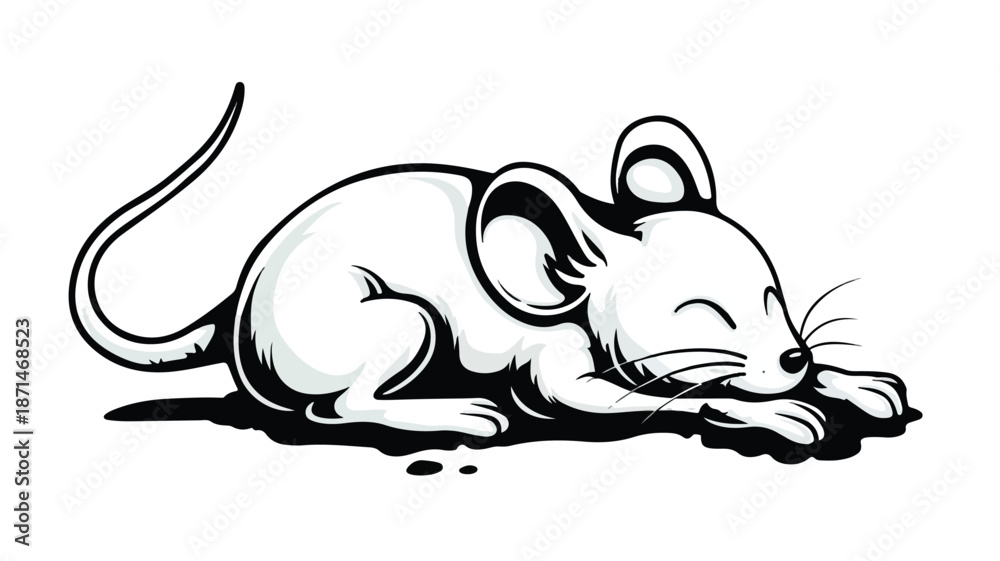 Obraz premium Cute Cartoon Dead Mouse with Outline on White Background