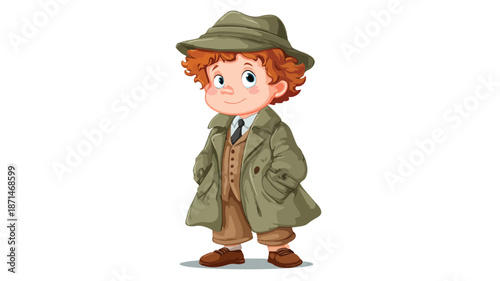 Intriguing Detective Boy Cartoon with Outline on White Background Vector