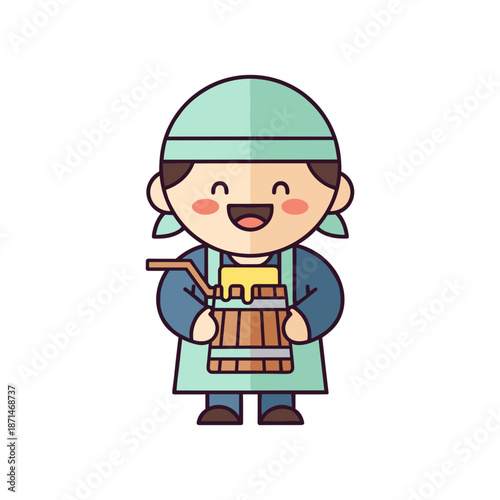 Cheerful character holding a wooden barrel with a straw, set against a simple background