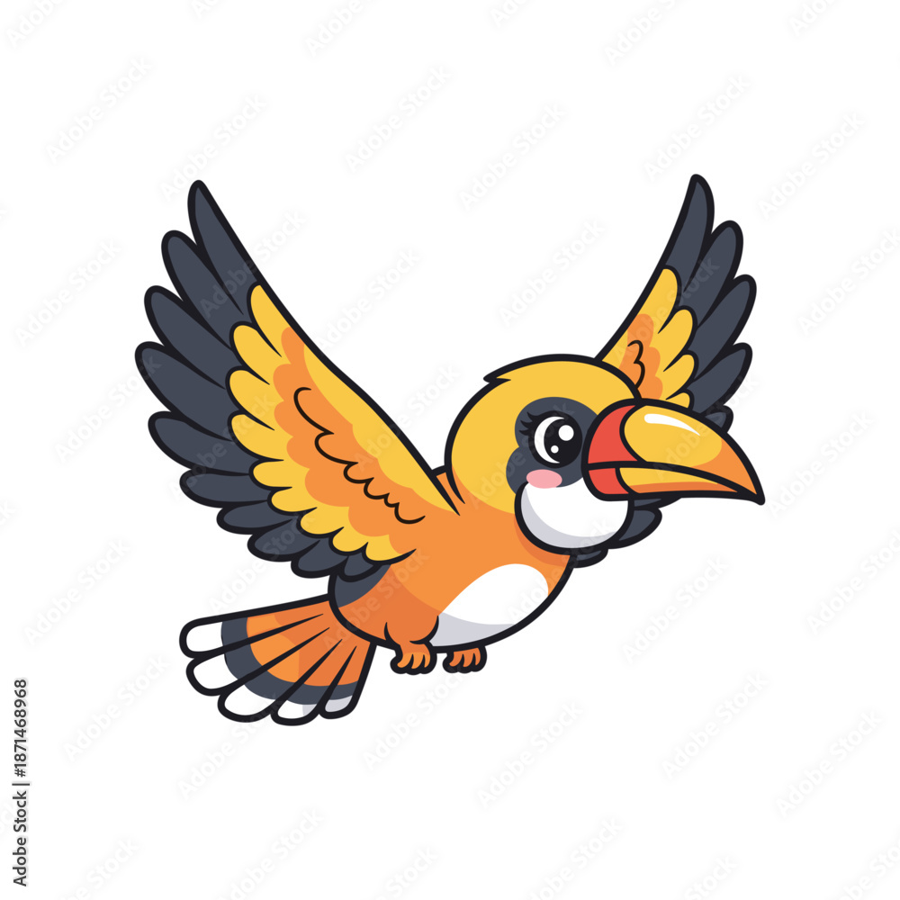 Fototapeta premium Colorful cartoon bird in flight, showcasing vibrant feathers against a plain background
