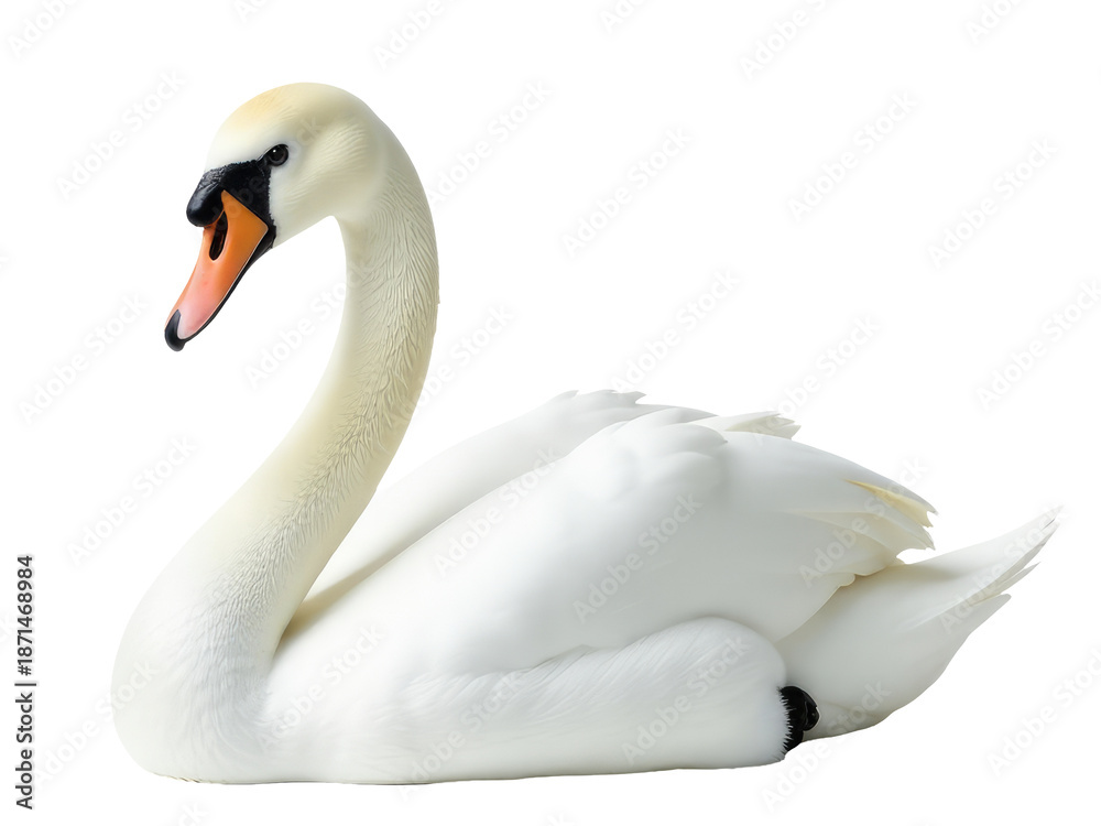 Obraz premium A majestic white swan with distinctive black head and vibrant orange beak