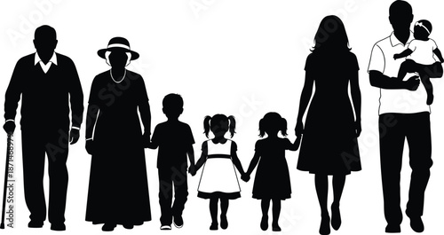 Extended family silhouettes grandparents parents children holding hands walking together black vector illustration for generations love community lifestyle design projects
