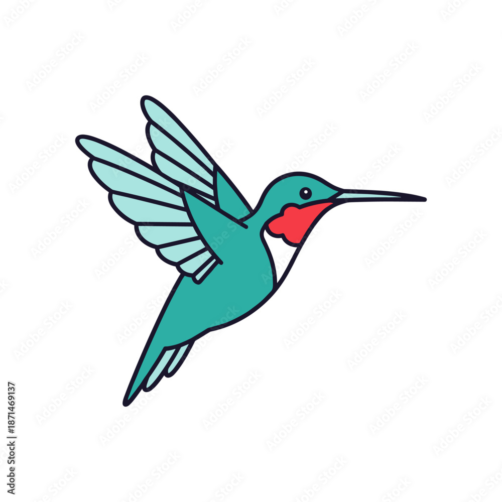 Obraz premium Colorful hummingbird in mid-flight, showcasing its vibrant feathers against a clear sky