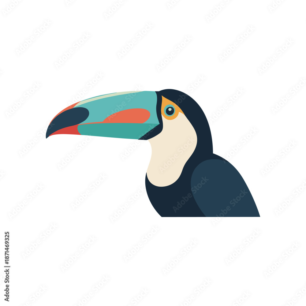 Fototapeta premium Colorful toucan perched, showcasing vibrant beak against a simple white background