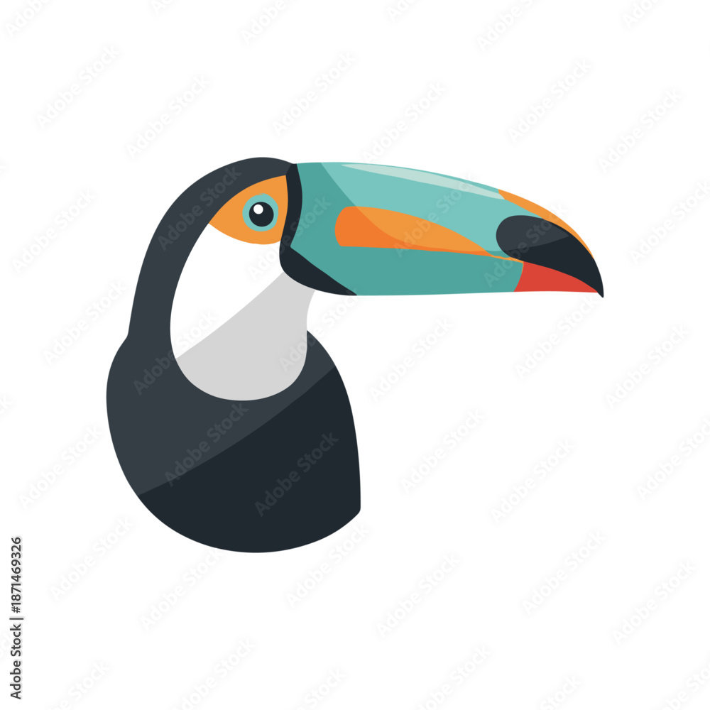 Fototapeta premium Colorful toucan head illustration against a white background, showcasing vibrant feathers